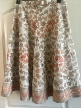 Coldwater Creek Cream A-Line Skirt with Coral and Beige Floral Jacquard